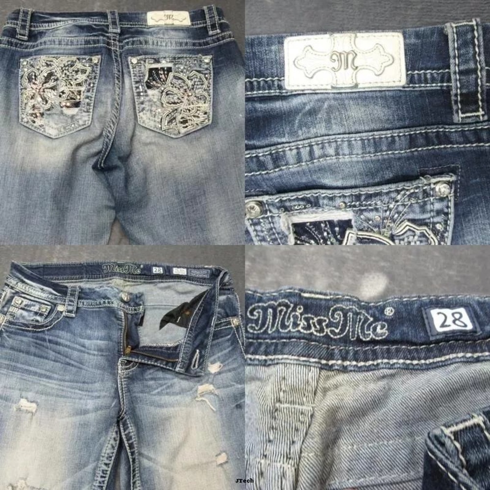 MIss Me Jeans Women 28 Mid Rise Easy Crop Embellished Floral 31x22 Fade Whisker